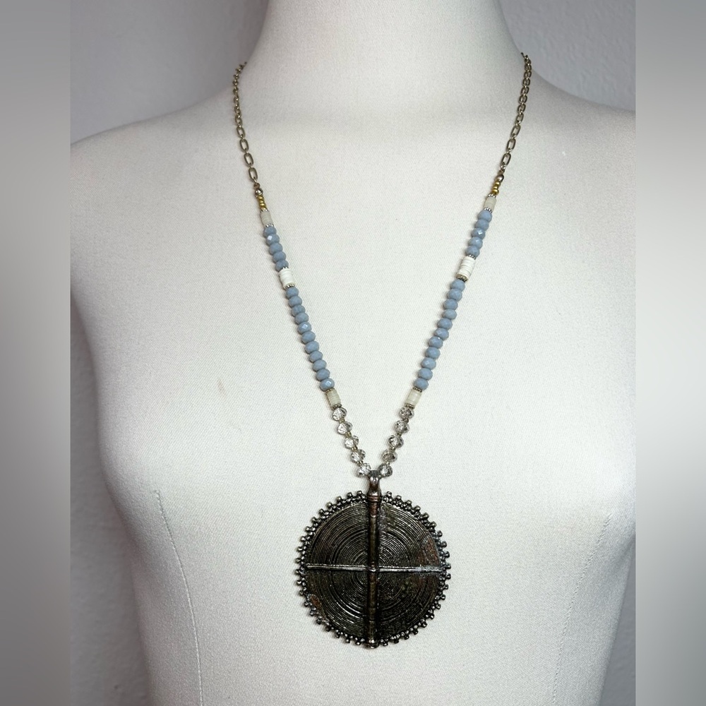 Canvas Beaded Long Artisanal Necklace with Large Medallion Pendant